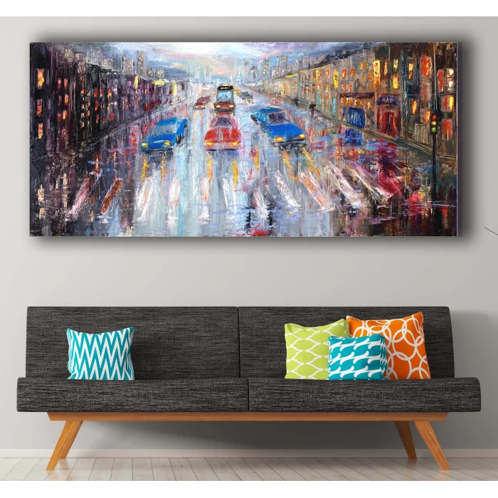 Bestablo Yağlı Boya Görünümlü Şehir ve Trafik Kanvas Tablo, Ev Dekoru, Bestablo