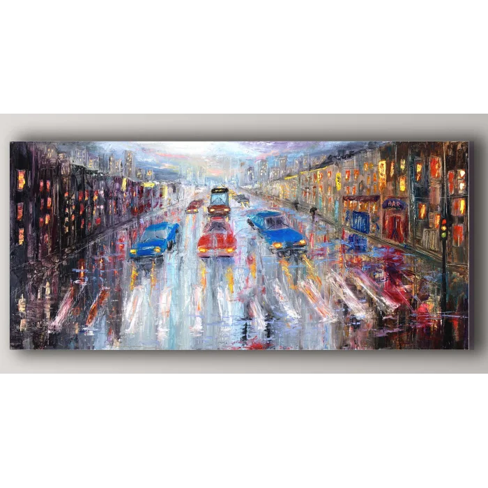 Bestablo Yağlı Boya Görünümlü Şehir ve Trafik Kanvas Tablo, Ev Dekoru, Bestablo