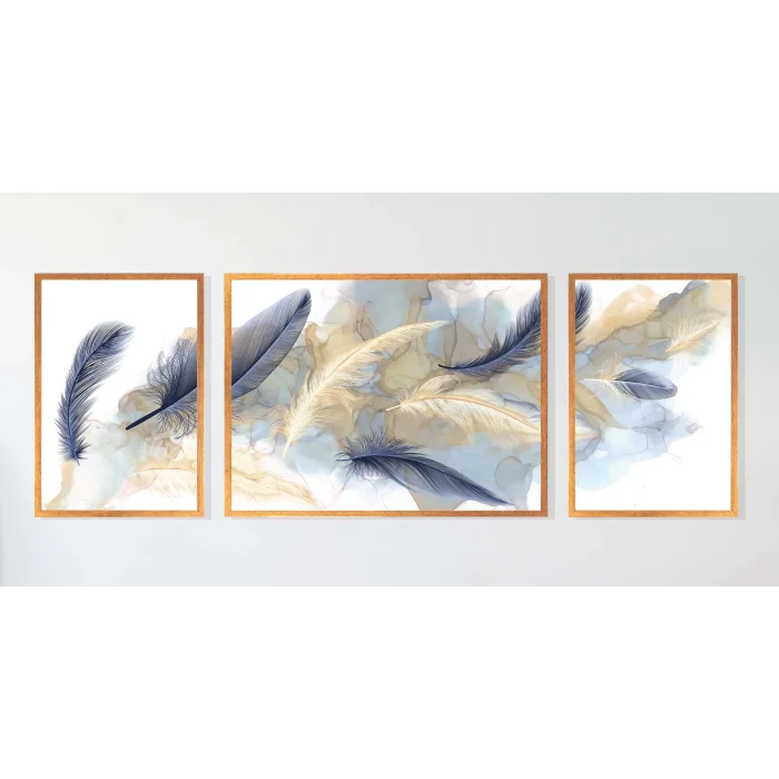 Dekoratif Kuş Tüyü, Çerçeveli Ahşap Tablo Seti, 3 Parça , Ev Dekoru, Duvar Tablosu