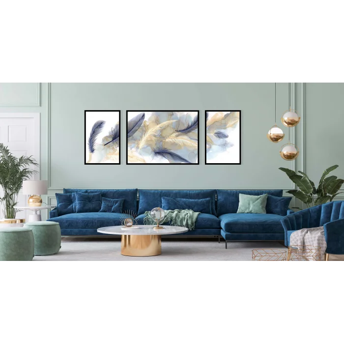 Dekoratif Kuş Tüyü, Çerçeveli Ahşap Tablo Seti, 3 Parça , Ev Dekoru, Duvar Tablosu