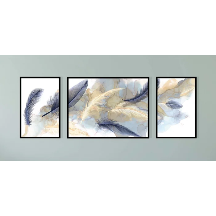 Dekoratif Kuş Tüyü, Çerçeveli Ahşap Tablo Seti, 3 Parça , Ev Dekoru, Duvar Tablosu
