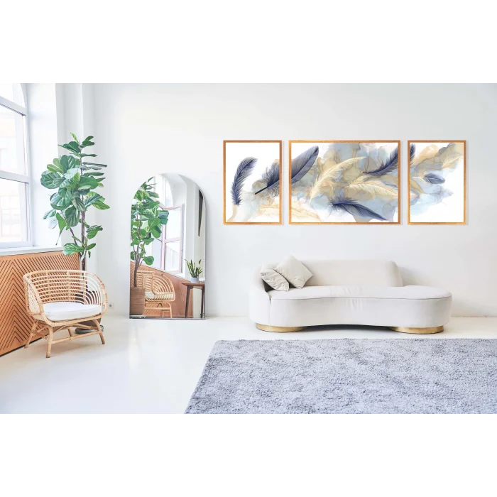 Dekoratif Kuş Tüyü, Çerçeveli Ahşap Tablo Seti, 3 Parça , Ev Dekoru, Duvar Tablosu