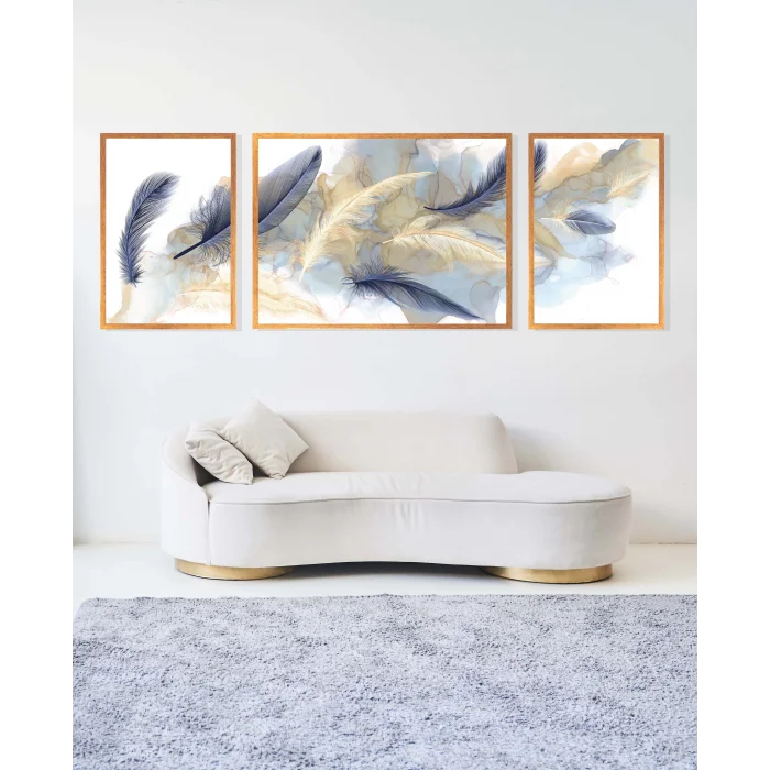 Dekoratif Kuş Tüyü, Çerçeveli Ahşap Tablo Seti, 3 Parça , Ev Dekoru, Duvar Tablosu