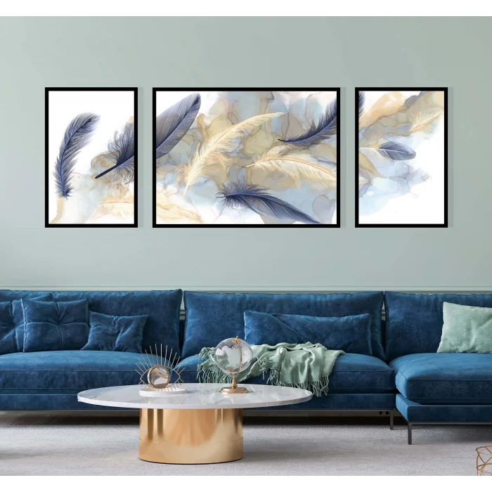 Dekoratif Kuş Tüyü, Çerçeveli Ahşap Tablo Seti, 3 Parça , Ev Dekoru, Duvar Tablosu