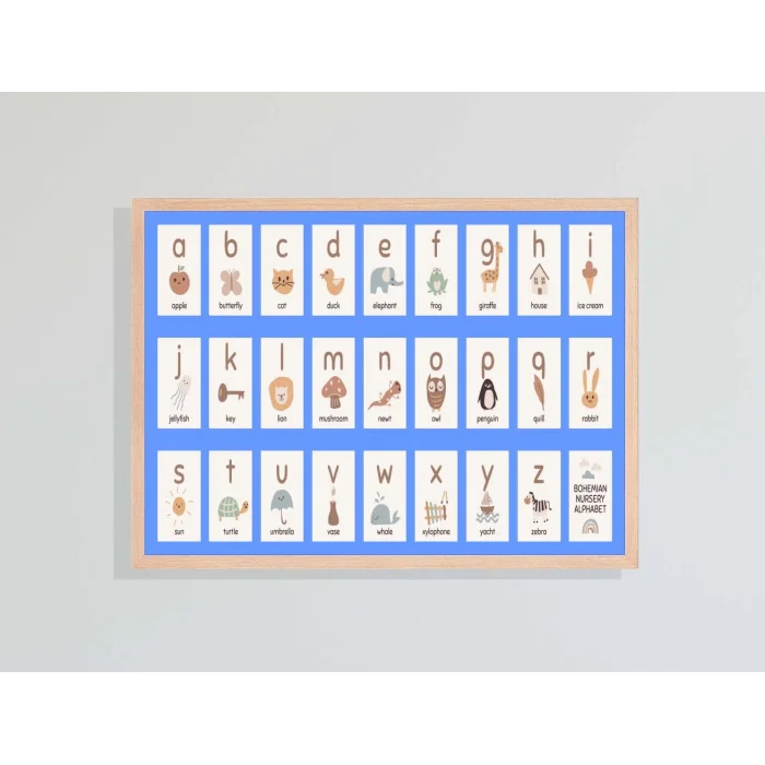 Mavi Harfler Doğal Ahşap Çerçeveli Tablo , Ahşap Tablo , Ev Dekoru