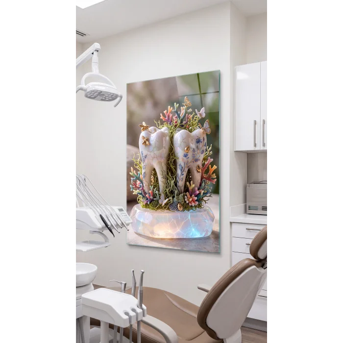 Modern Diş Tasarımlı Temperli Cam Tablo – Diş Kliniği Duvar Dekoru
