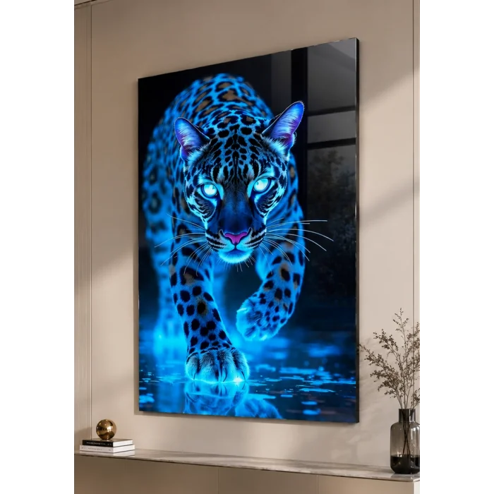 Neon Mavi Leopar / Panter Konseptli Cam Tablo