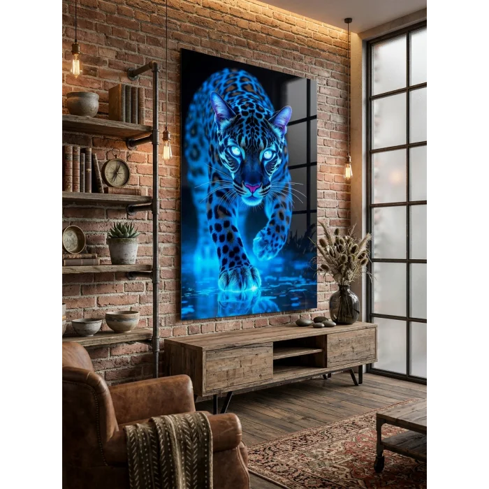 Neon Mavi Leopar / Panter Konseptli Cam Tablo