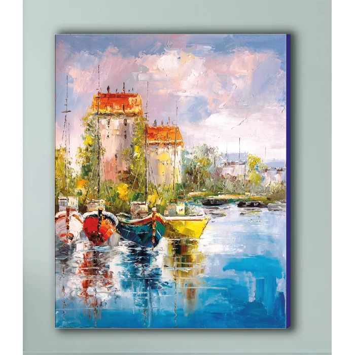 YAĞLI BOYA GÖRÜNÜMLÜ GÖL MANZARASI KANVAS TABLO