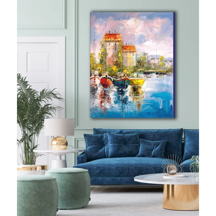 YAĞLI BOYA GÖRÜNÜMLÜ GÖL MANZARASI KANVAS TABLO