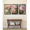 3 Parça Pembe Güller Çerçeveli Ahşap Tablo Seti, Ev Dekoru