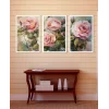 3 Parça Pembe Güller Çerçeveli Ahşap Tablo Seti, Ev Dekoru