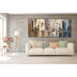 YAĞLI BOYA GÖRÜNÜMLÜ MODERN SOYUT ŞEHİR KANVAS TABLO