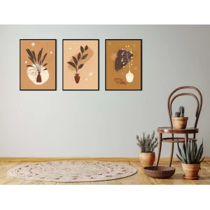 3lü Bohemian Kahve Çerçeveli Tablo , Ev Dekoru , Soyut Tablo , Ahşap Tablo