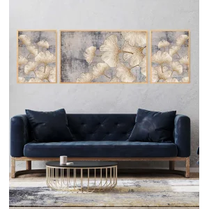 3lü Dekoratif Çizgili Yapraklar Çerçeveli Tablo Life , Ev Dekoru , Soyut Tablo , Ahşap Tablo