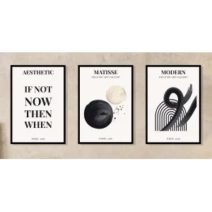 3lü Siyah Matisse Doğal Ahşap Çerçeveli Tablo , Ev Dekoru , Soyut Tablo