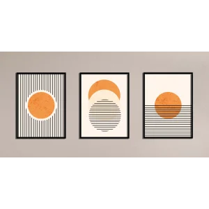 3lü Turuncu Güneş ve Çizgiler Çerçeveli Ahşap Tablo , Ev Dekoru , Soyut Tablo , Ahşap Tablo