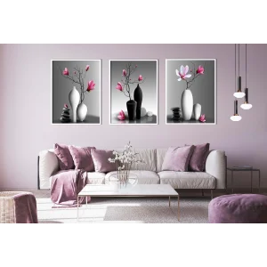 3lü Vazoda Çiçek Çerçeveli Ahşap Tablo , Ev Dekoru , Soyut Tablo , Ahşap Tablo