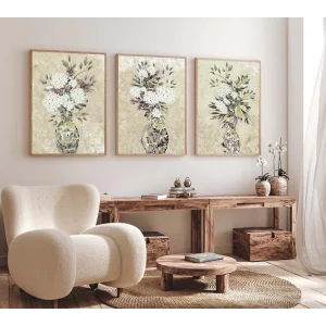 3lü Vazoda Çiçek Çerçeveli Tablo , Ev Dekoru , Soyut Tablo , Ahşap Tablo