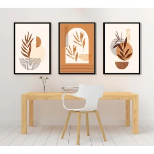 3 Parça Boho Çiçekler, Çerçeveli Ahşap Tablo Seti, Ev Dekoru