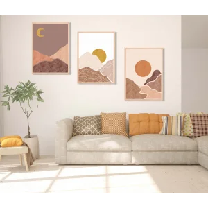 3 Parça Boho Güneş Ve Ay, Çerçeveli Ahşap Tablo Seti, Ev Dekoru