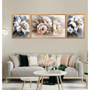 3 Parça Çerçeveli Dekoratif Çiçekler Ahşap Tablo seti, Ev Dekoru