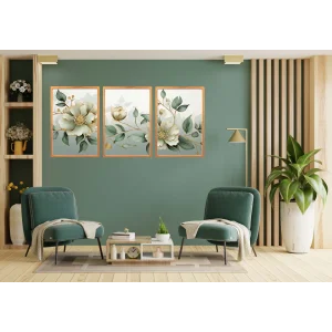 3 Parça Çerçeveli Dekoratif Çiçekler Ahşap Tablo seti, Ev Dekoru, Soyut Tablo