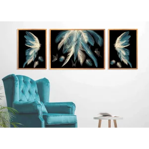 3 Parça Çerçeveli Dekoratif Kuş Tüyü Ahşap Tablo seti, Ev Dekoru