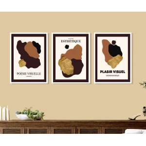 3 Parça Çerçeveli Soyut Ahşap Tablo Seti, Ev Dekoru