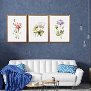 3 Parça Dekoratif Çiçekler Çerçeveli Ahşap Tablo seti, Ev Dekoru, Soyut Tablo