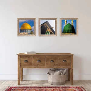 3 Parça Eskitme Çerçeveli Mescidi Haram, Aksa ,Nebevi Tablo Seti, Ev dekoru
