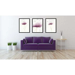 3 Parça Mor Çiçekler Çerçeveli Ahşap Tablo Seti, Ev Dekoru