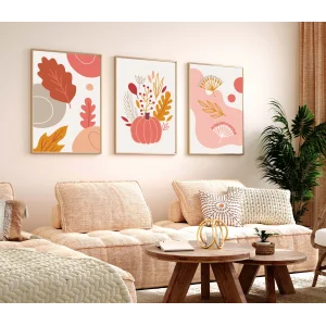 3 Parça Pembe Boho Çerçeveli Ahşap Tablo Seti