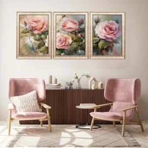 3 Parça Pembe Güller Eskitme Çerçeveli Ahşap Tablo Seti, Ev Dekoru