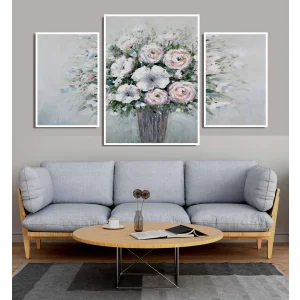 3 Parça Vazoda Dekoratif Çiçekler Çerçeveli Ahşap Tablo Seti