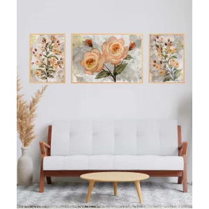 Açan Güller Çerçeveli Ahşap Tablo Seti, 3 Parça, Duvar Tablosu