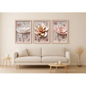 Bestablo 3 Parça Çerçeveli Kabartma Görünümlü Çiçekler Ahşap Tablo Seti, Ev Dekoru Bestablo