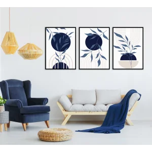 Bestablo 3 Parça Çerçeveli Navy Blue Boho Ahşap Tablo Seti Bestablo