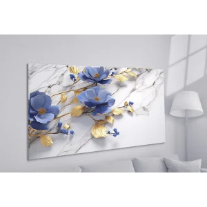 Bestablo Kabartma Görünümlü Varaklı Mavi Çiçekler Kanvas Tablo, Ev Dekoru Bestablo
