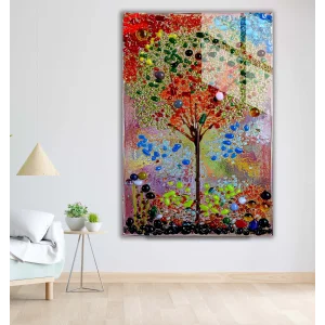 Bestablo Renkli Soyut Ağaç Desenli Cam Tablo, Ev Dekoru, Salon Tablosu