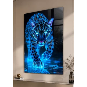 Neon Mavi Leopar / Panter Konseptli Cam Tablo