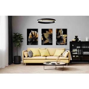 3 Parça Altın Çiçek Kanvas Tablo