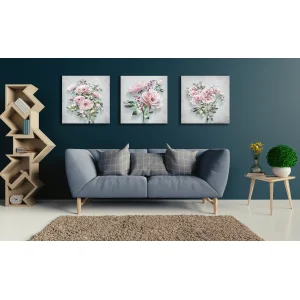 3 Parça Pembe Gül Kanvas Tablo