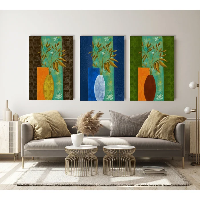 3 Parça Dekoratif Vazoda Çiçekler Kanvas Tablo