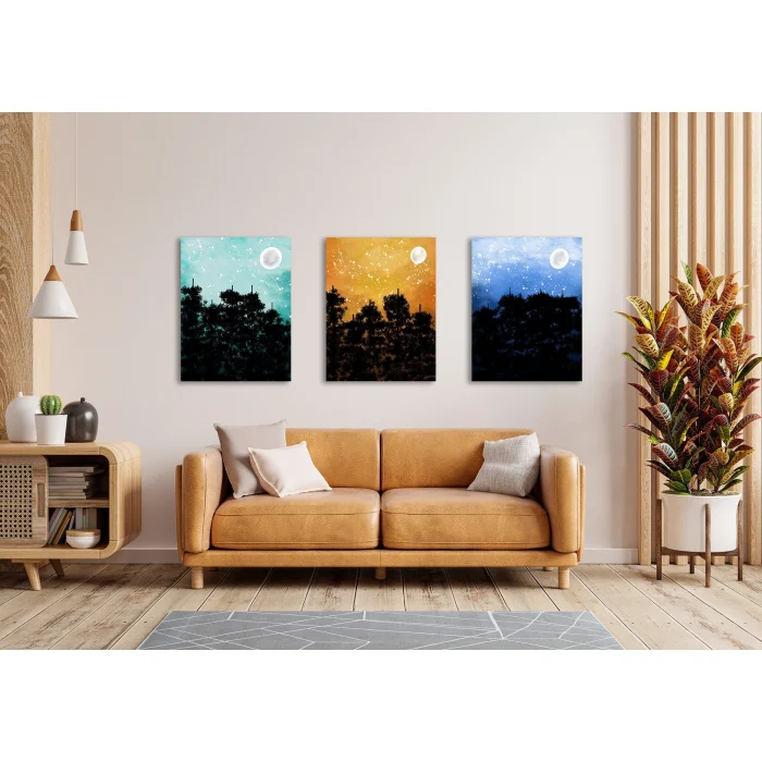 3 Parça Orman ve Gece Kanvas Tablo