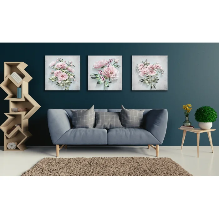 3 Parça Pembe Gül Kanvas Tablo