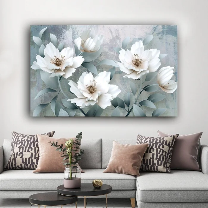 DEKORATİF BEYAZ ÇİÇEKLER KANVAS TABLO