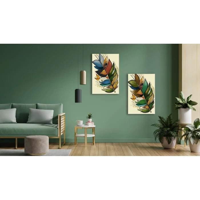 Renkli 2 Parça Kuş Tüğü Kanvas Tablo