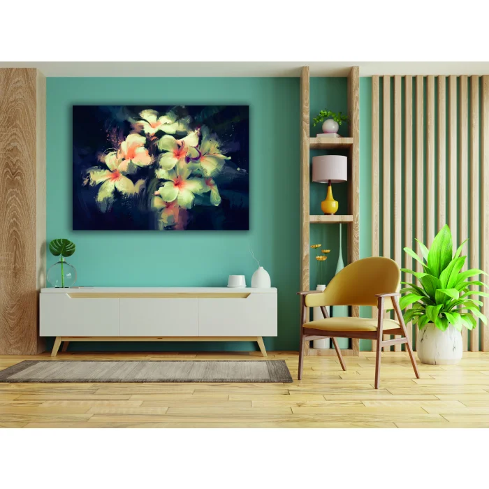 Yağlı Boya Görünümlü Beyaz Çiçek Kanvas Tablo