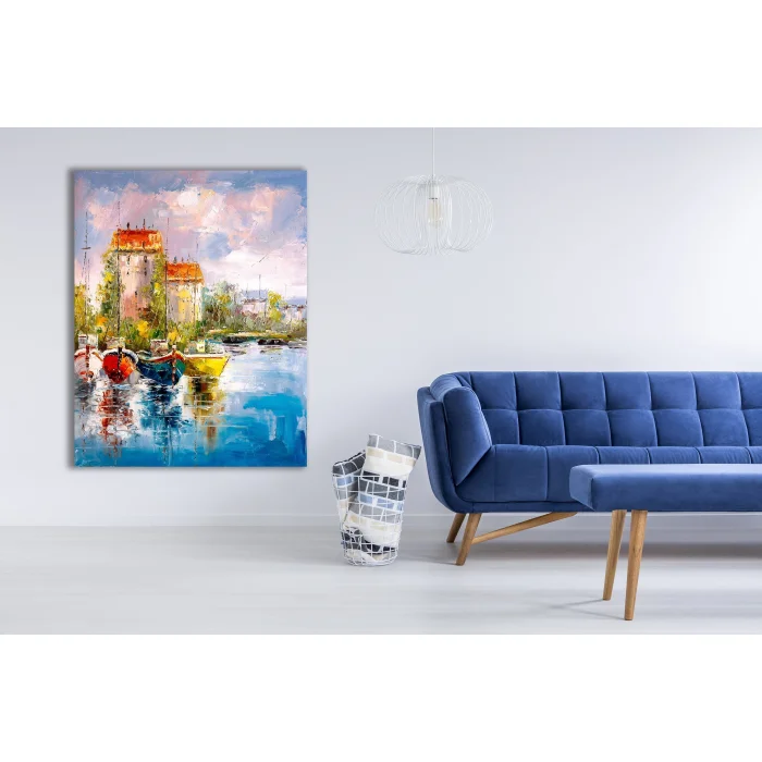 YAĞLI BOYA GÖRÜNÜMLÜ GÖL MANZARASI KANVAS TABLO